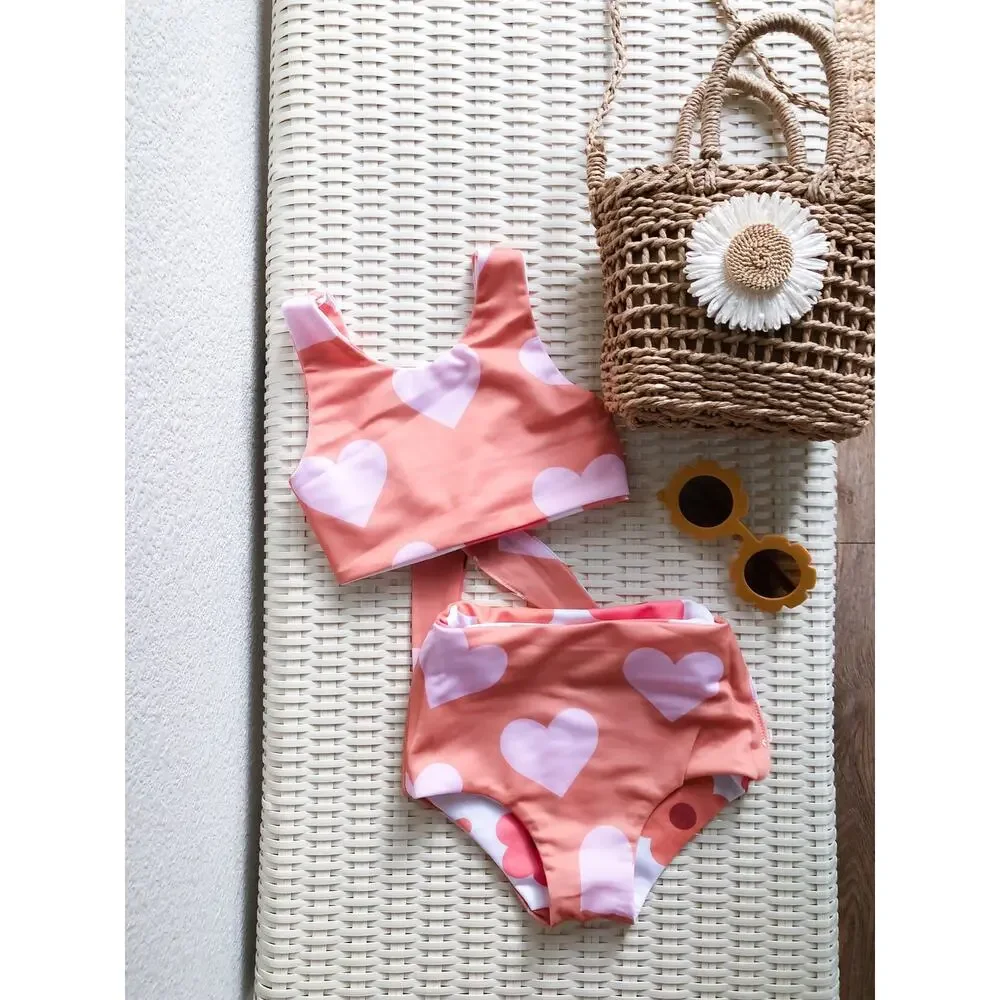 2pc Reversible Boho Floral + Heart Print Swimsuit Set 4T